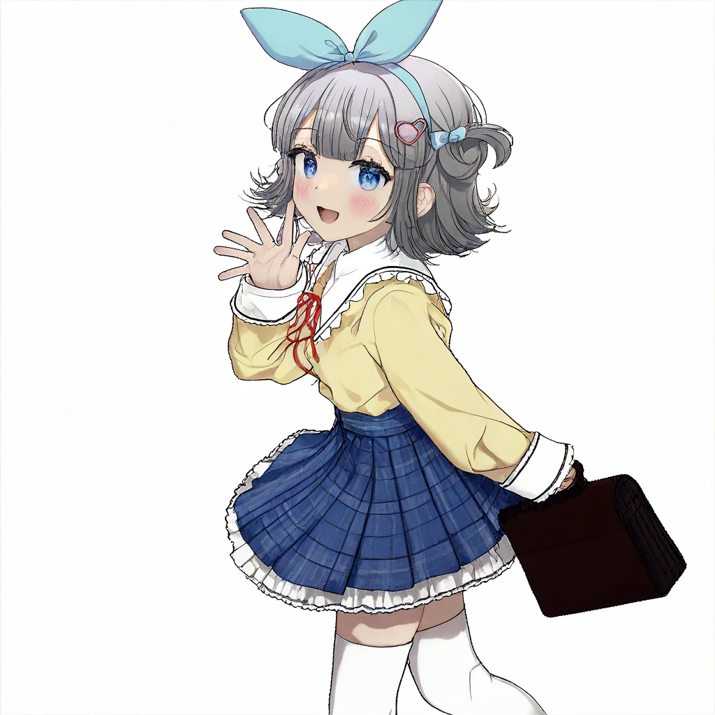 1girl, solo,grey hair, short hair,blue eyes,straight hair,feet out of frame,from side,walking,looking at viewer, white background, blush, simple background,flannel skirt, pleated white and blue skirt, white thighhighs,sleeves past wrists,hair bow,long sleeves,beige blouse,,blue bow, heart hair ornament, heart hair ornament, , zettai ryouiki, ,white sailor collar,white frilled skirt,from side, finger on mouth, hand up,holding bag,bag, red ribbon,hand up waving,open mouth, smile,almic,akakura,ogipote,momisan,