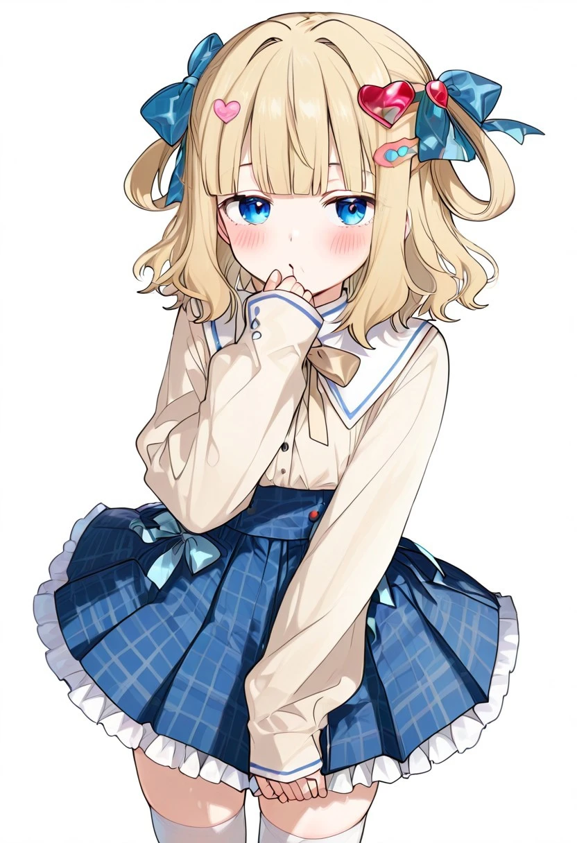 great quality,1girl,solo, (almic:0.9),(ogipote,akakura:0.8),(sofra,sincos:0.6),(karyln,momisan:0.9),flannel skirt, pleated white and blue skirt, white thighhighs,sleeves past wrists,hair bow,long sleeves,beige blouse,,blue bow, heart hair ornament, heart hair ornament, , zettai ryouiki, ,white sailor collar,white frilled skirt,blonde hair,medium hair