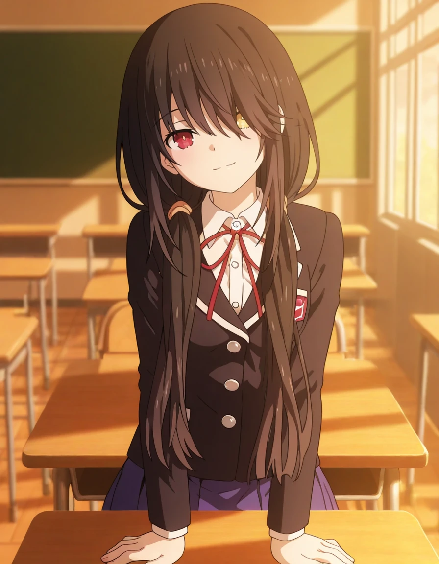 masterpiece, best quality, amazing quality, blurry background,
1girl, looking at viewer, class, light smile, head tilt, classroom, table, soft lighting, desk, arm support,
<lora:kurumi_tokisaki-date_a_live_s4~s5-ixl-anime-soralz:1>, kurumi tokisaki (date a live), long hair, black hair,
sidelocks, hair over one eye, heterochromia, red eye, school uniform, black blazer, white collared shirt, neck ribbon