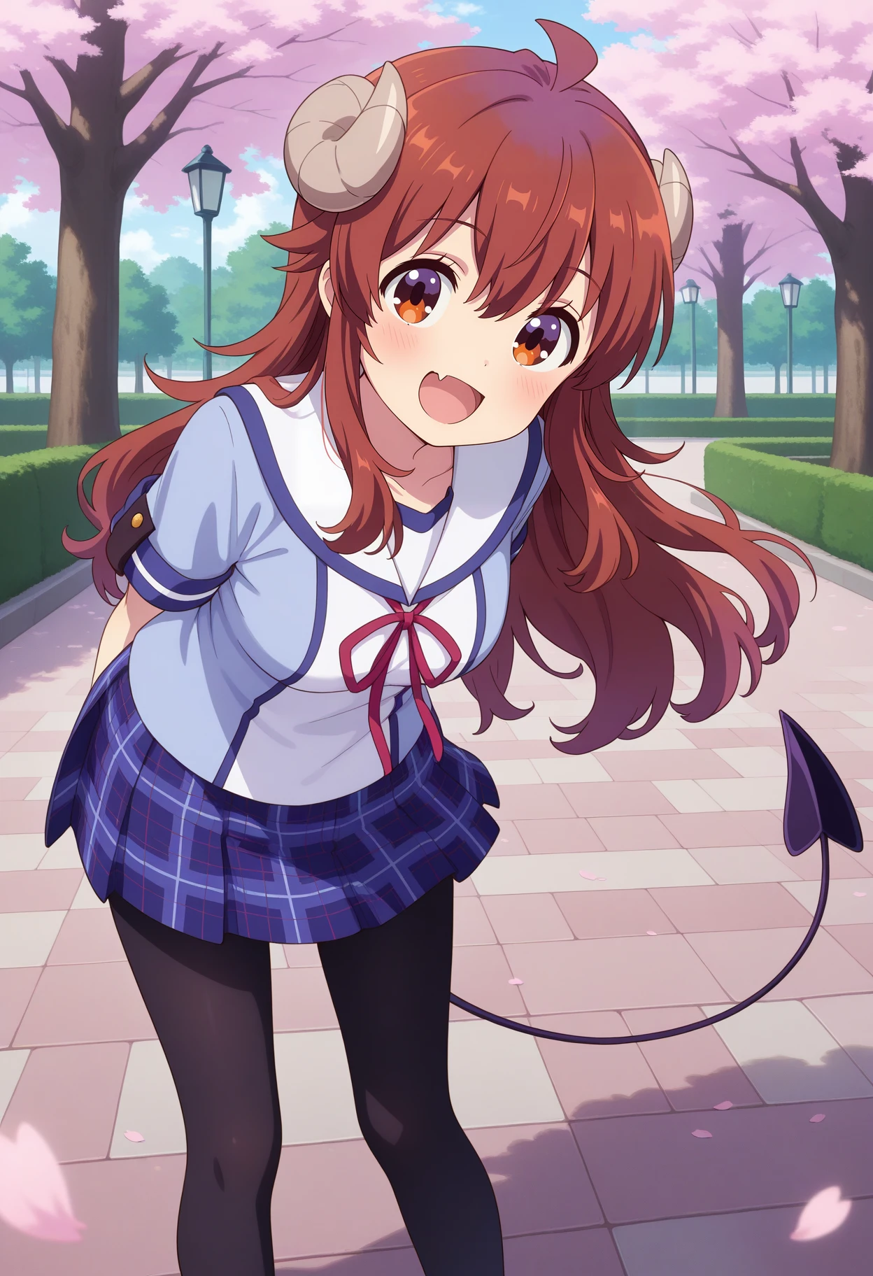 best quality, masterpiece, 1girl, aayuuko, long hair, brown hair, ahoge, horns, brown eyes, fang, demon tail, school uniform, white sailor collar, neck ribbon, blue shirt, short sleeves, plaid skirt, blue skirt, black pantyhose, <lora:yoshida_yuuko_ilxl_v1:0.9>, arms behind back, leaning forward, standing, outdoors, open mouth, cherry blossoms, smile, park,