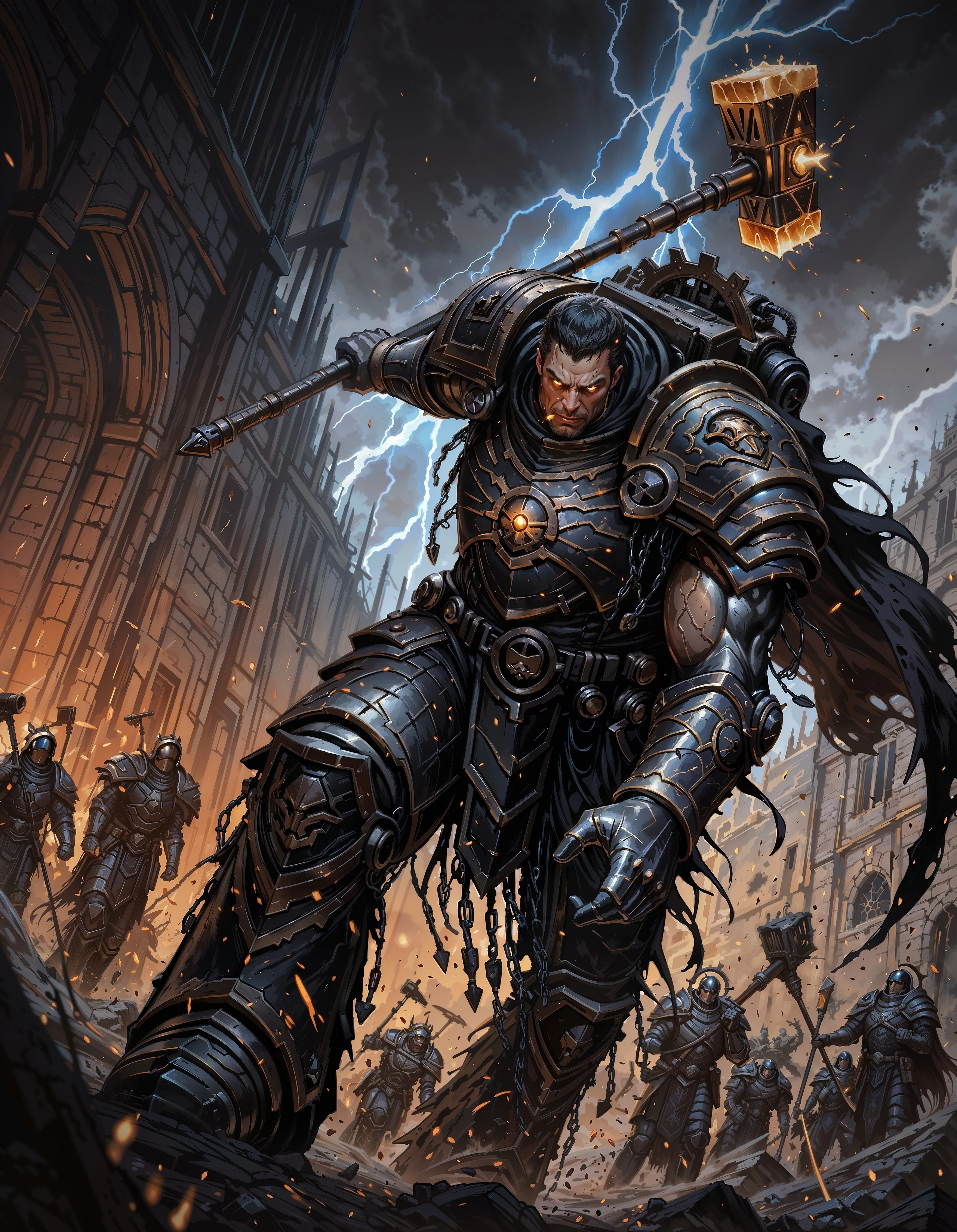 masterpiece, best quality,high quality, newest, highres,8K,HDR,absurdres, 1boy, solo, iLLFerrusM40k, armor, metallic arms, lightning hammer, evil, handsome, short hair, broken battlefield, smoking ruins, defeated dragon in background, medieval fantasy, determined expression, torn cape, glowing embers, cinematic lighting, dynamic pose, foreshortening, intense depth of field, epic composition, heroic warrior, gritty realism, medieval battlefield, dust and ash in air, intricate details, medieval legend aesthetic., detailed background, dynamic pose, dynamic composition,dutch angle, detailed backgroud,foreshortening,blurry edges, <lora:iLLFerrusM40k:1> <lora:iLLMythM4gicalL1nes:0.7> M4gicalL1nes