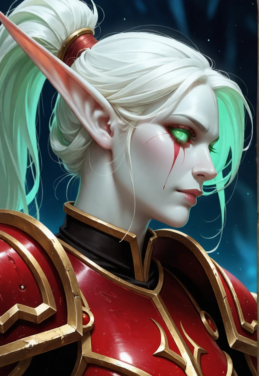(masterpiece, best quality, highly detailed, realistic), source_western, 2.5d, screencap, world of warcraft, profile portrait of alidd as a blood elf, long bushy white hair, top ponytail hair, (Pale skin:1.5), looking at the viewer, wearing red armor, close up, pointy ears, colored sclera, green eyes, glowing eyes, no eyes, no pupils,
<lora:Alice_Liddel_IL:1> alidd