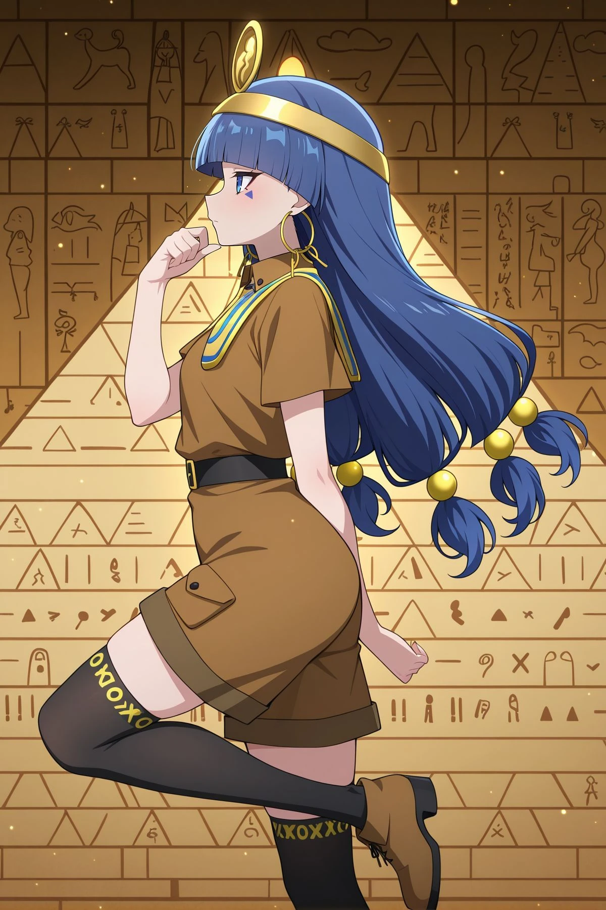 absurdres, highres, masterpiece, best quality, amazing quality, official anime artwork, screencap, anime screencap,
<lora:Nareko-Michigami_Illustrious:1> michigami nareko, 1girl, solo, blue eyes, blue hair, low-tied long hair, blunt bangs, triangle facial mark,, gold headdress, hair ornament, hoop earrings, usekh collar, gold jewelry, brown shirt, gold armlet, brown shorts, black thighhighs,
profile, pyramid background, looking to the side, egyptian pose, light particles, pharaoh, hieroglyphics, hand up, bent elbow, palm down, hand behind back, standing on one leg, sideways arm,