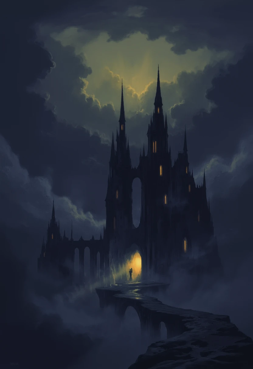 Au_cncpt. The image is a digital drawing in a dark, atmospheric, Gothic style, depicting a mystical, eerie castle or fortress set in a misty, moonlit landscape. The structure is a sprawling, dark silhouette with intricate, pointed spires and towers, evoking a medieval or fantasy architectural theme. The castle is shrouded in a thick, swirling fog that obscures the lower parts of the structure, giving it an ethereal, ghostly appearance.
The towers and walls are adorned with numerous, glowing windows, casting a soft, warm light that contrasts with the dark, ominous silhouette of the castle. The light is a deep, warm yellow, which seems to emanate from within the structure, adding a sense of mystery and intrigue.
The sky above is filled with dark, stormy clouds that are illuminated by a muted, yellowish moon or possibly a lantern light, casting long, eerie shadows across the scene.