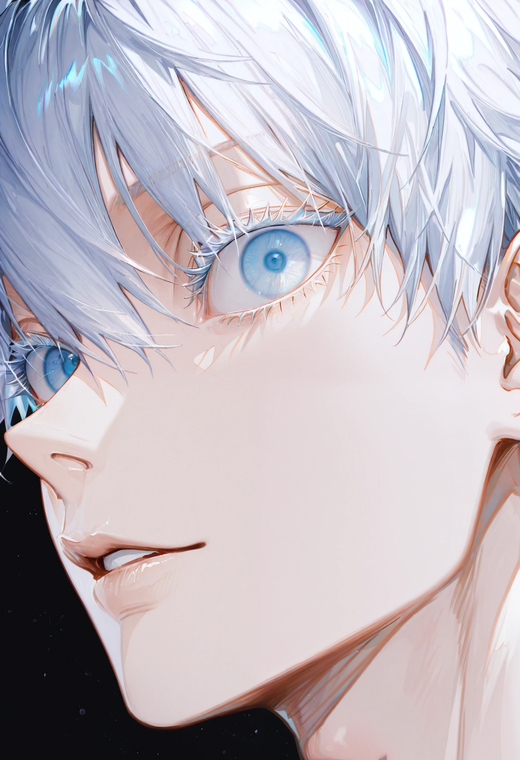 <lora:d2Fua2U=-illustriousXL_v01_V1-CAME-000045>, d2Fua2, gojou satoru, solo, 1boy, blue eyes, male focus, white hair, eyelashes, close-up, short hair, looking at viewer, parted lips, portrait, hair between eyes, eye focus, colored eyelashes, black background