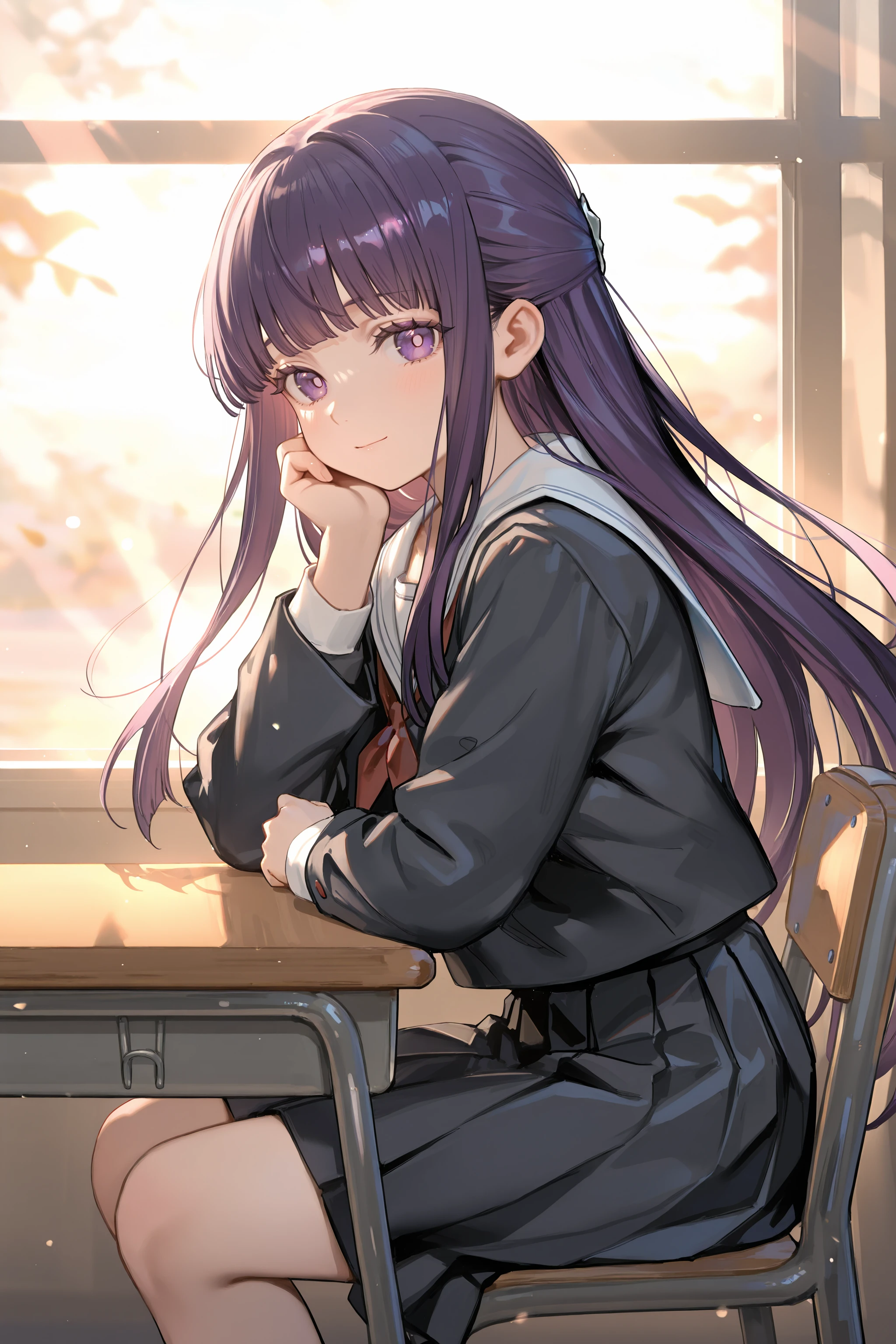 1girl, fern \(sousou no frieren\), school uniform, serafuku, sitting, school desk, school chair, hand on own chin, from side, looking at viewer, light smile, blush, window, floating hair, sunbeam, depth of field <lora:Char-Fern-IL-V1:0.8:hr=0.6>, mimoza \(96mimo414\), rei \(sanbonzakura\), mochi \(circle rin\), (rhasta, yonchan, watao, minaba hideo:0.95)
masterpiece, best quality, amazing quality, very aesthetic, absurdres, newest, (scenery, volumetric lighting), ray tracing, (bloom:1.4), cinematic