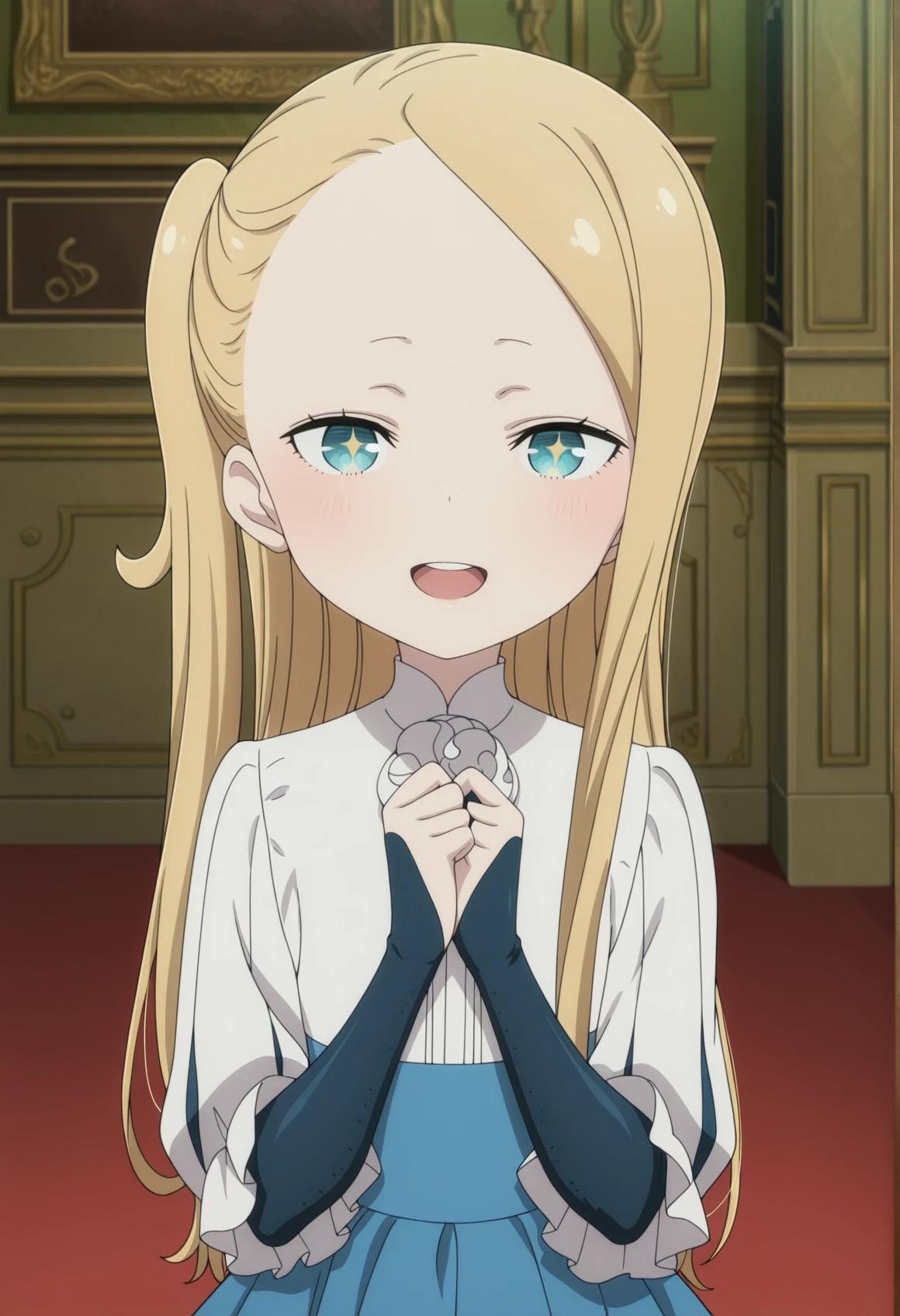anime coloring, anime screencap, 1girl, solo, blonde hair, aqua eyes, long hair, side ponytail, single sidelock, forehead, white blouse, blue skirt, bridal gauntlets, indoors, hands together, starry eyes, looking at viewer, open mouth, upper teeth only, <lora:Mary_princess_principal:1> smile, masterpiece, best quality, amazing quality, very aesthetic, absurdres, highres, newest