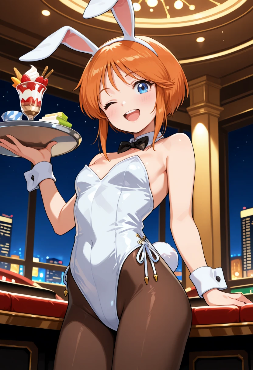 Honoka Kosaka Orange Hair Blue eyes short hair Tie your hair on only one side Orange nightgown White garter belt smile Larger breasts night Love Hotel Seduce Sit on the bed night景 Dark Room Room lighting Holding an orange cocktail