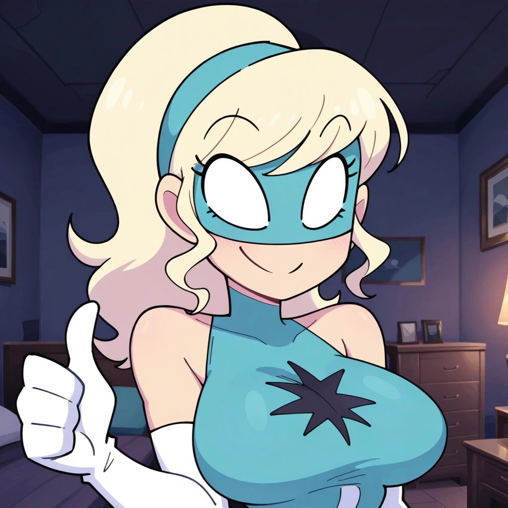 1girl, mount lady, boku no hero academia \\\\\ masterpiece, best quality, very aesthetic, absurdres, newest \\\\\\ sportive body, \\\\\\ by dodok, nyantcha, cutesexyrobutts, by khyle ///// blonde, purple eyes, , 24 years old,, wearing only apron, , naked, rating general, hands behind back
