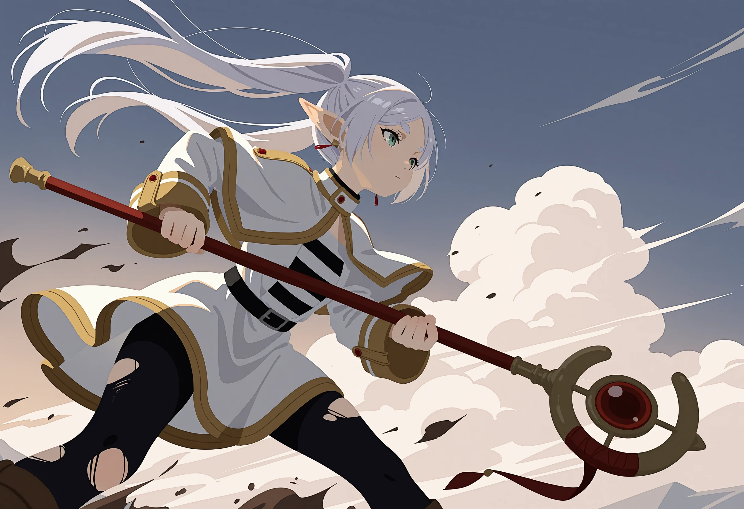 masterpiece, best quality, absurdres, very aesthetic, highres, very awa, (no lineart:1.3),
1girl, frieren, holding staff, fighting stance, leaning forward, wind, cloud, torn clothes, burnt clothes, torn legwear,