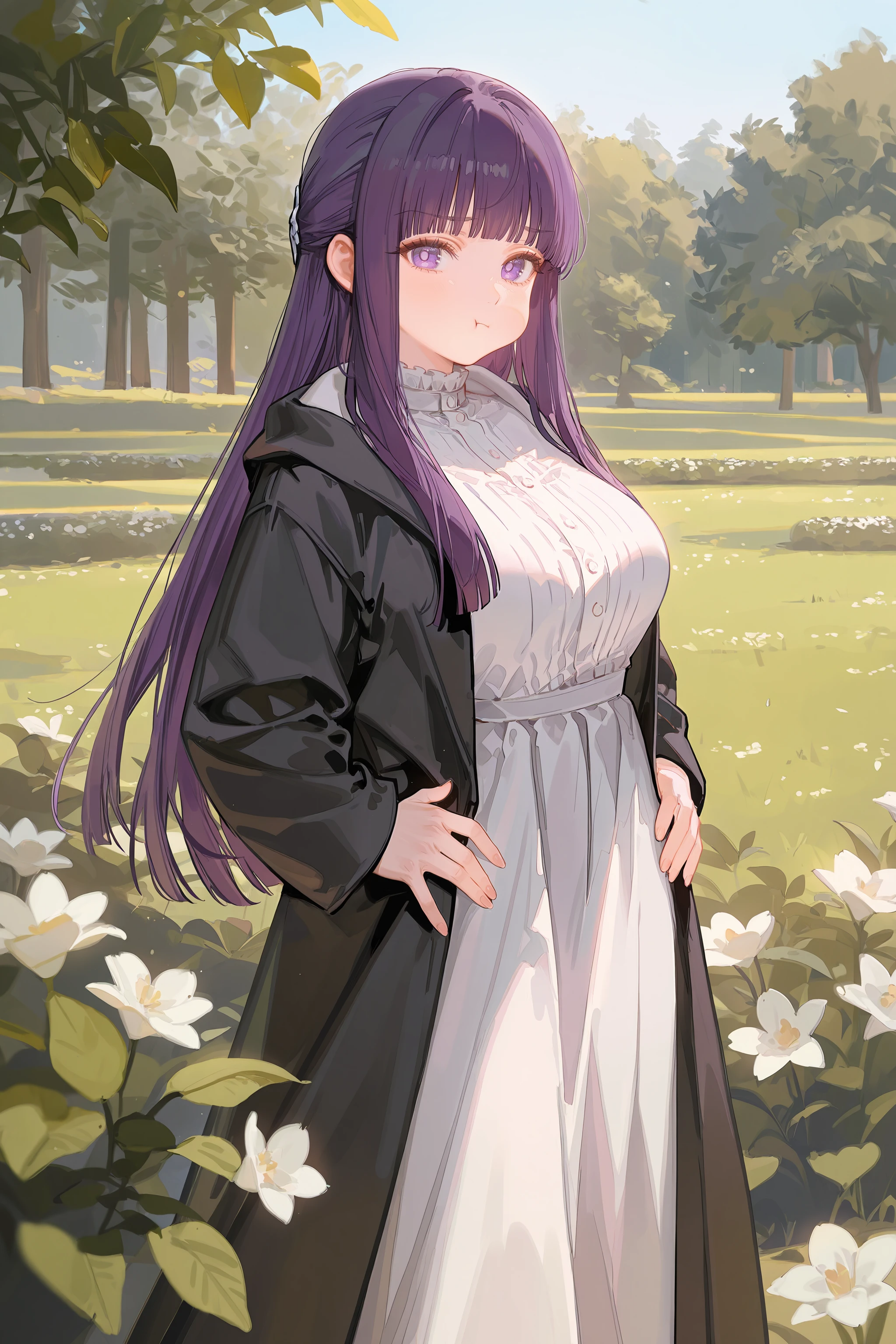 1girl, fern \(sousou no frieren\), solo, large breasts, black coat, long white dress, cowboy shot, standing, looking at viewer, pout, :t, hands on hips, garden, outdoors, depth of field <lora:Char-Fern-IL-V1:0.8:hr=0.6>, ciloranko, alphonse \(white datura\), ask \(askzy\), gomzi, you shimizu
masterpiece, best quality, amazing quality, very aesthetic, absurdres, newest, (scenery, volumetric lighting), ray tracing, (bloom:1.4), cinematic