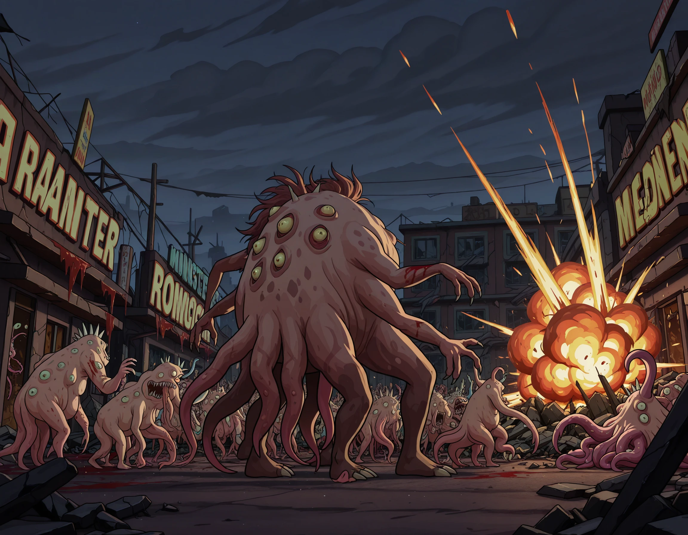 destruction, rubble, explosion, night, overcast, rioting, blood, crowd, from side,
<lora:Cronenbergs_-_Rick_and_Morty_IL:1> rnm_cronenberg, monsters, mutants, (no humans:1.3), sharp teeth, tentacles, claws, multiple eyes, multiple limbs, torn clothes, messy hair, torn clothes, multiple others, 6+others, many monsters, <lora:AMarvelRivals_style:0.7> MarvelRivals,, || semi realistic, cartoon,,