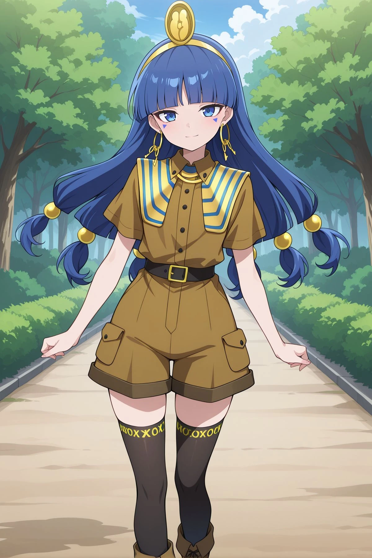 absurdres, highres, masterpiece, best quality, amazing quality, official anime artwork, screencap, anime screencap, outdoors, looking at viewer, light smile, dynamic pose, standing,
<lora:Nareko-Michigami_Illustrious:1> michigami nareko, 1girl, solo, blue eyes, blue hair, low-tied long hair, blunt bangs, triangle facial mark,, gold headdress, hair ornament, hoop earrings, usekh collar, gold jewelry, brown shirt, gold armlet, brown shorts, black thighhighs, brown boots,