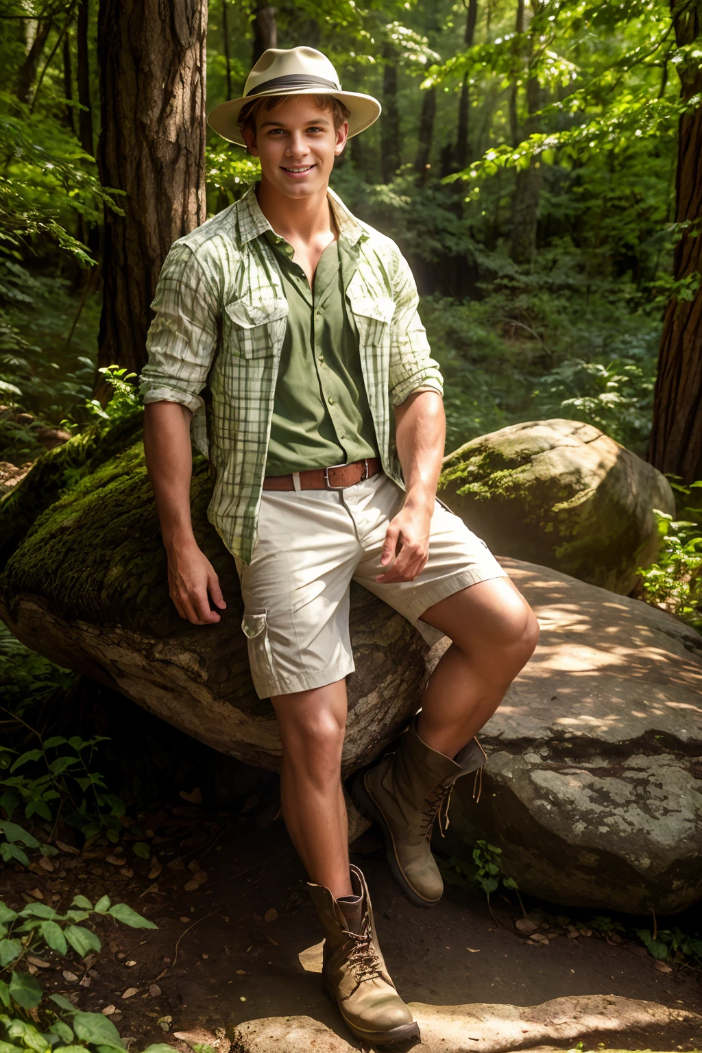 frisky summer, an enchanted forest, soft lighting, sitting on a log, large boulder in the background, smiling, LukeHamill, wearing (green and white pattern shirt), open shirt, (khaki shorts), (hiking boots), brown fedora hat, cinematic lighting, ambient lighting, (((full body portrait))), wide angle <lora:LukeHamill:0.8>