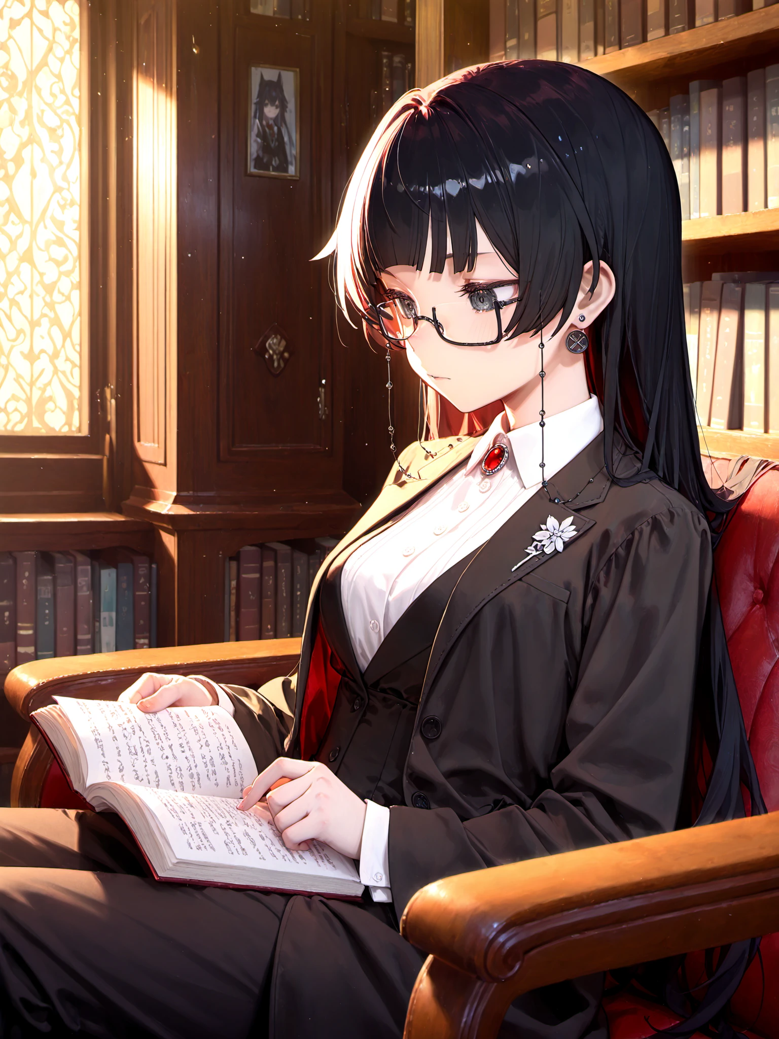 fenrir \(fenriluuu\), ask \(askzy\), tianliang duohe fangdongye, simao \(x_x36131422\), [yoneyama mai], kedama milk, <lora:spo_sdxl_10ep_4k-data_lora_webui:0.5><lora:cfg_scale_boost:0.9> 
<lora:Kuroko2XL:1> Kuroko_YS, 1girl, long hair, black glasses, earrings, eyewear strap, solo, blunt bangs, black hair, black eyes, medium breasts, open coat, formal clothes, reading, sitting, 
masterpiece, best quality, amazing quality, very aesthetic, absurdres, newest, library, lazypos