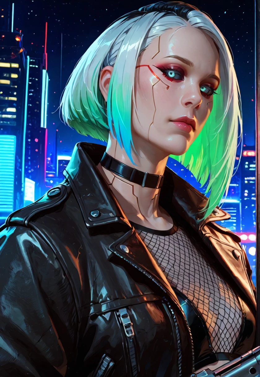 (masterpiece, best quality, highly detailed, realistic, cinematic light, night time), source_western, 2.5d, screencap, 1girl, portrait of alidd as a cyberpunk woman, multicolored hair, reflective silver eyes, colored sclera, silver sclera, no pupil, no eyes,
short bob hair, looking at the viewer, fishnet top, leather jacket, holding a big fucking gun, close up, choker made of black tape, (((cyberpunk city background)))
<lora:Alice_Liddel_IL:1> alidd