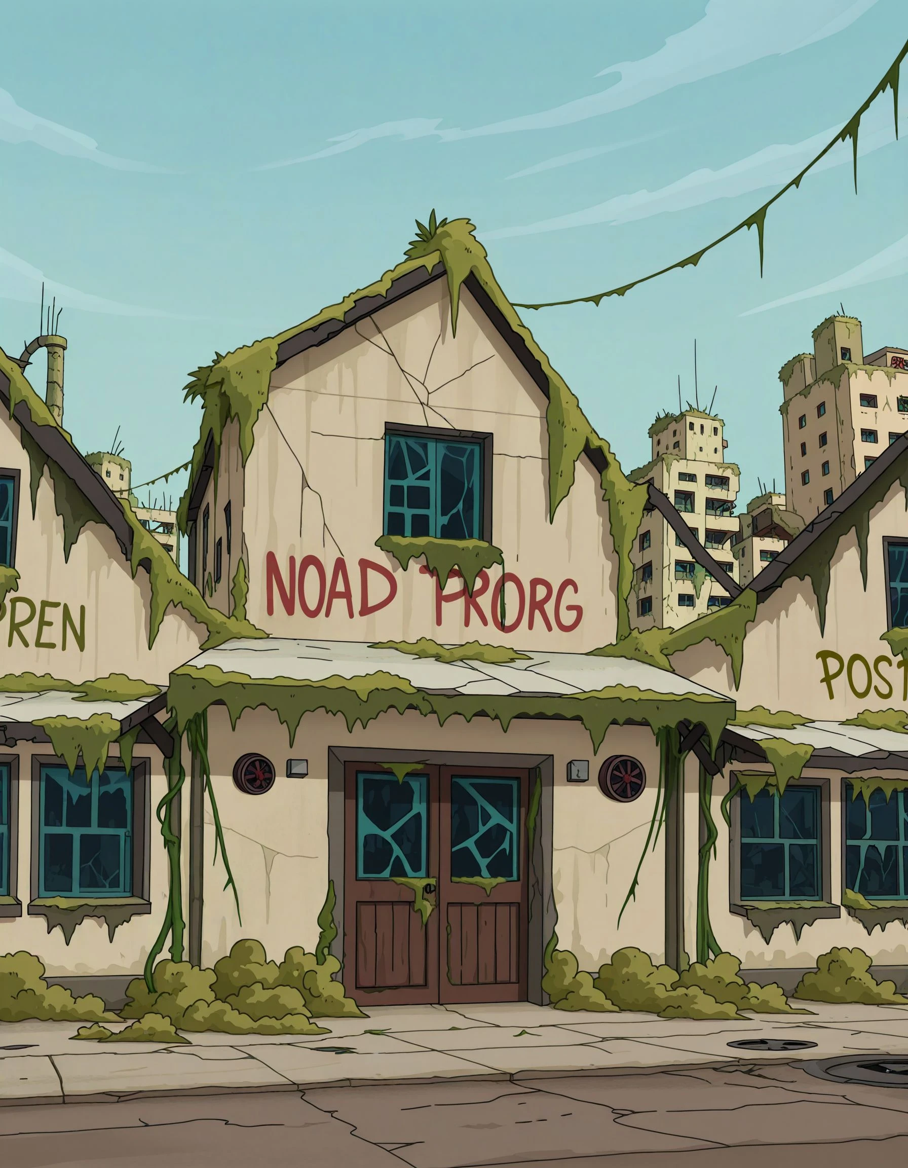 post-apocalypse, scenery, building, rundown, overgrown, vines, mildew, moss, dark, <lora:Madscientist_style:0.7> madscientist,
<lora:Cronenbergs_-_Rick_and_Morty_IL:1> rnm_cronenberg, (no humans:1.4),