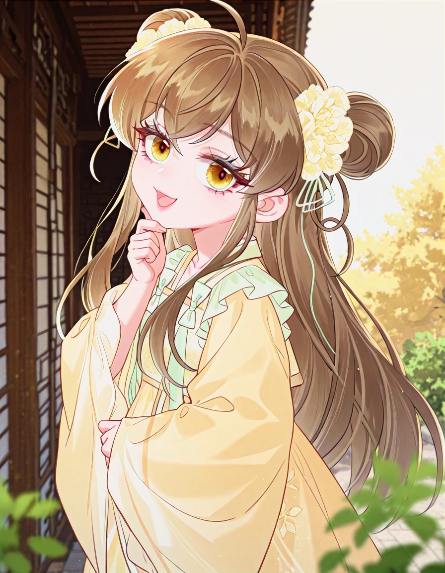 masterpiece, best quality, anime coloring, contorapposto, <lora:LECO_BadHands:1.5>, <lora:eyelashext_v10:0.6>, lipgloss, [photo background::0.5], blurry foreground BREAK 1girl, jiujiu, hair ornament, hair flower, double bun, yellow hanfu, embroidery, frill, wide sleeves, smirk, open mouth, facing to the viewer, head tilt, from side, looking at viewer, hand up, hand on own chin, cowboy shot, east asian architecture, simple background, yellow background, <lora:jiujiu-dim16-000019:1>