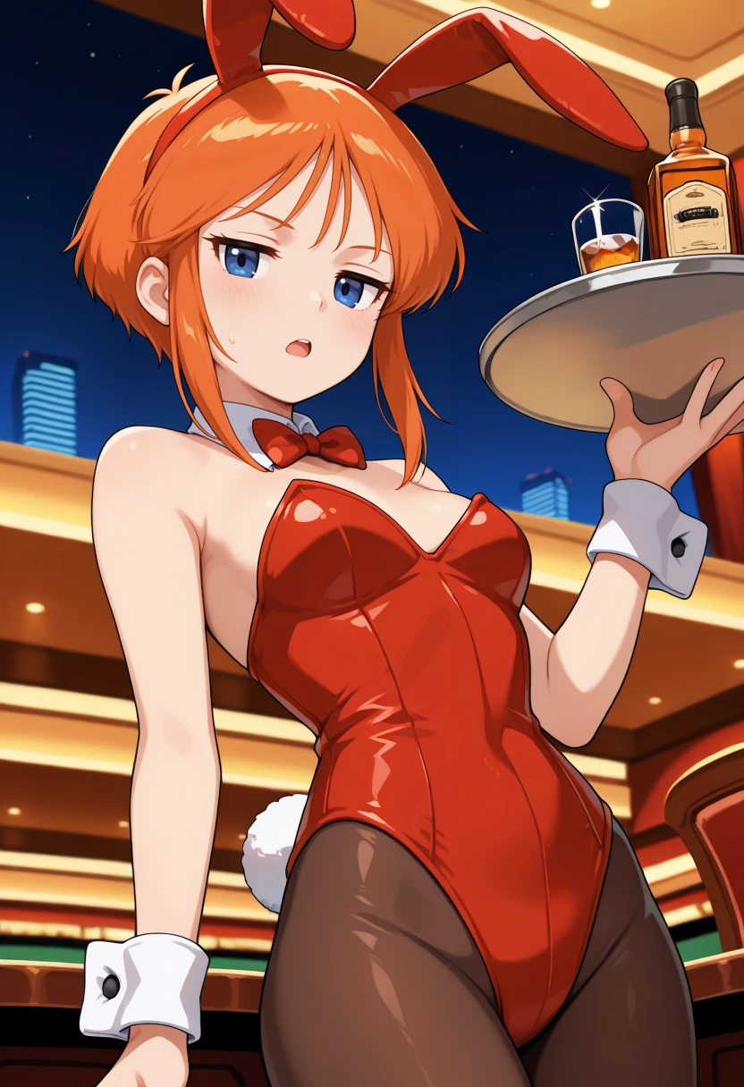 (sexy-style:1.2), masterpiece, best quality, arisugawa natusha, 1girl, solo, (holding tray), standing, casino table, smile, bangs, breasts, thighs, casino, indoors, smirk, smug, long hair, orange hair, looking at viewer, ponytail, fake animal ears, playboy bunny, red leotard, strapless, wrist cuffs, red bowtie, pantyhose, fishnets, closed mouth,