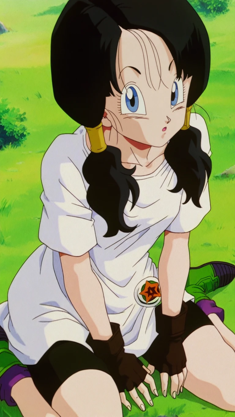 source_anime, masterpiece, best quality, amazing quality, anime screencap, high quality, 8k, absurdres, official style, 1girl, solo, looking at viewer, wariza, curious, curious face,<lora:Videl_Z_iL:1>, v1d31 z, blue eyes, black hair, medium hair, twintails, low twintails school outfit, white shirt, t-shirt, black shorts, bike shorts, gloves, fingerless gloves, green ankle boots, school patch,