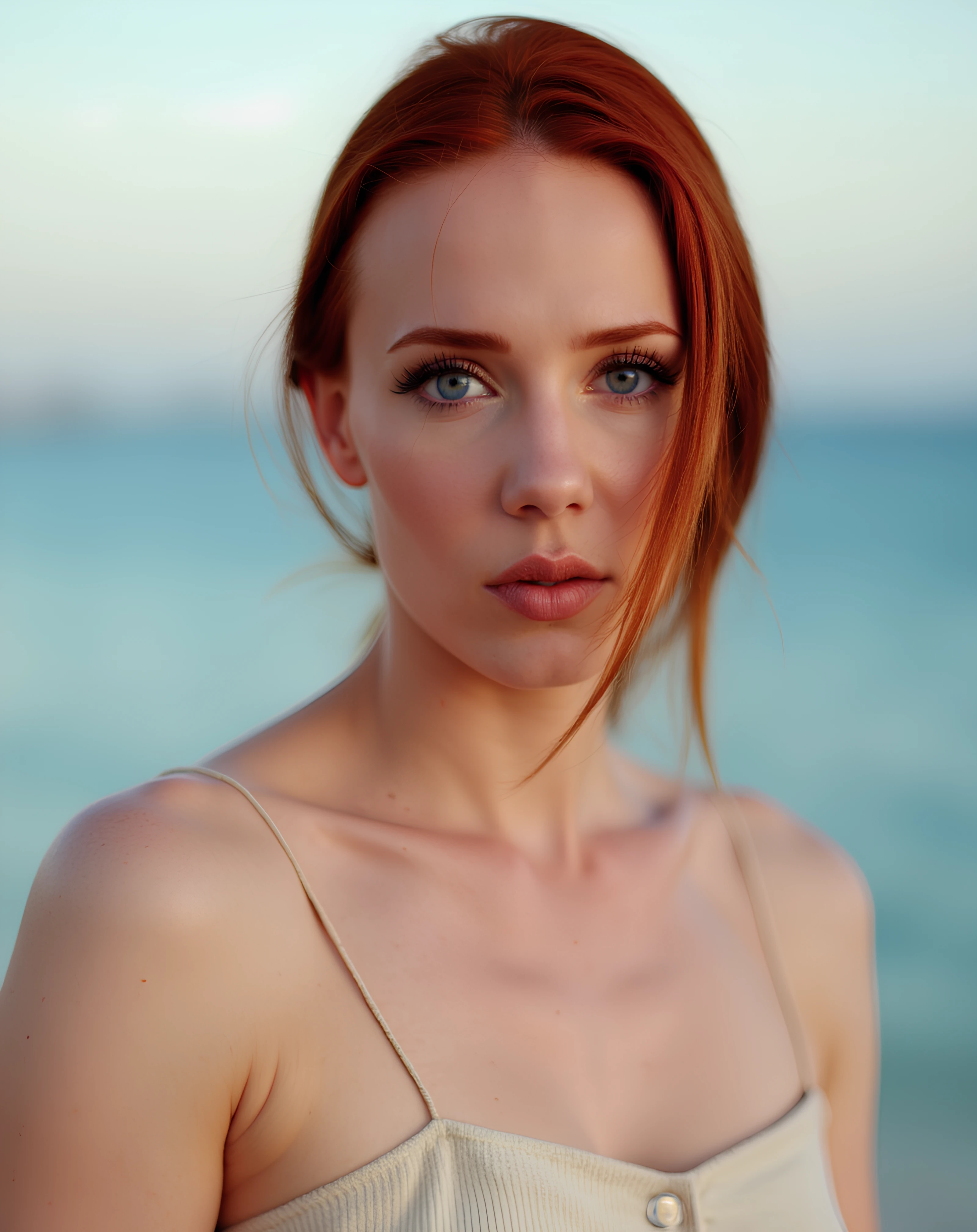 ( masterpiece, top quality, best quality,8k,17 years old girl,ultra detailed,raw photo:1.5),(photorealistic:1.4), (red hair:1.5), (cinematic lighting), PerfectNwsjMajic, , Surrealism, UHD, ccurate, Super detail, textured skin, High detail, Best quality, dynamic angle, White skin,[Beautiful blue eyes], high nose,[flat chest:large breasts:0.5],(1girl),(good anatomy:0.5)),(outside,river:1.5),white dress