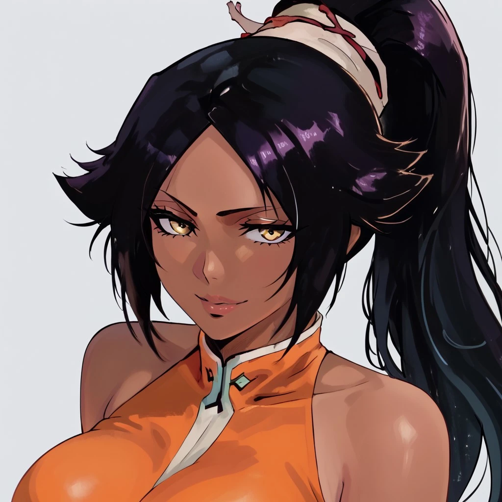score_9, score_8_up, score_7_up, score_6_up, score_5_up, score_4_up, source_cartoon, <lora:confetti-extract- ponyxl:0.85>, detailed eyes, easynegative, rating_explicit, Expressiveh, 1girl, solo, boin, lips, large breasts, smiling at viewer, big breasts, close up
yoruichi shihouin, long hair, black hair, ponytail, dark skin, dark-skinned female, high ponytail, yellow eyes, dress, orange dress, detached sleeves,