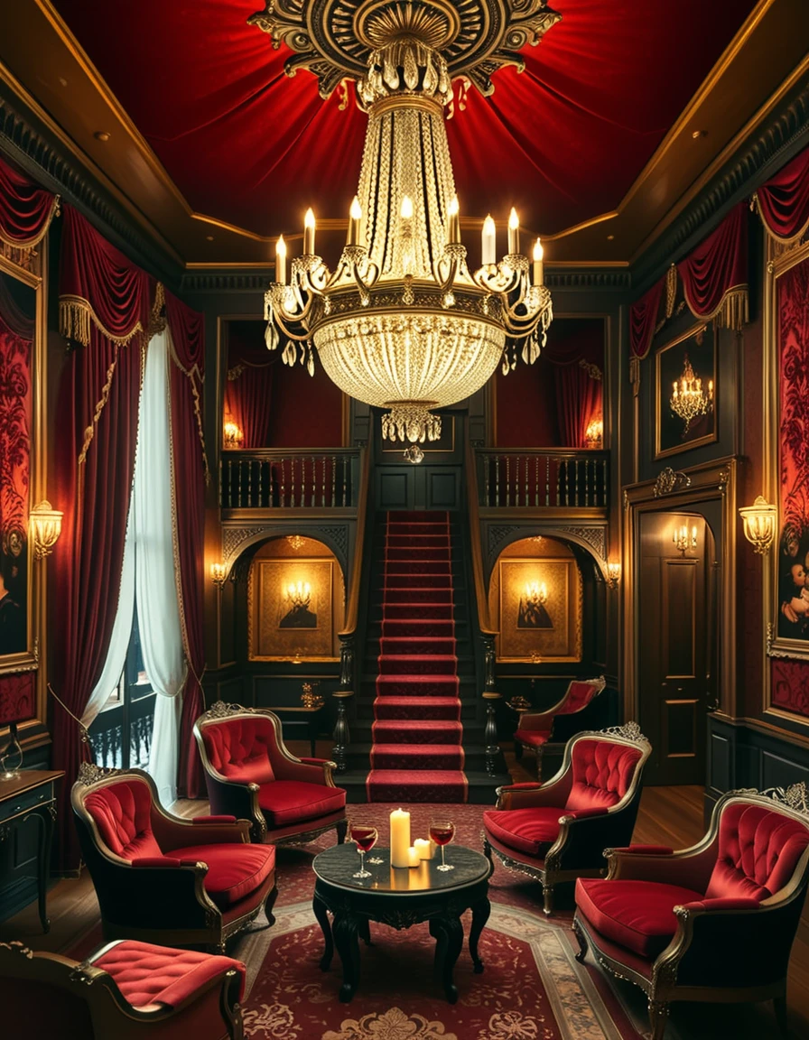 The interior of a luxurious vintage brothel, styled in late 19th-century decor with deep red velvet drapes, gold-trimmed wallpaper, and ornate wooden furniture. A large crystal chandelier hangs from the ceiling, casting warm, dim light over the plush surroundings. The air is filled with the scent of incense and old perfume. Velvet chaise lounges and antique armchairs are arranged around a central sitting area, with small side tables holding glasses of wine and flickering candles. A grand staircase with carved banisters leads to private rooms upstairs, their doors slightly ajar and framed with silk curtains. The mood is opulent, decadent, and intimate â a mix of elegance and secrecy in a space designed for seduction and luxury.The interior of a luxurious vintage brothel, styled in late 19th-century decor with deep red velvet drapes, gold-trimmed wallpaper, and ornate wooden furniture. A large crystal chandelier hangs from the ceiling, casting warm, dim light over the plush surroundings. The air is filled with the scent of incense and old perfume. Velvet chaise lounges and antique armchairs are arranged around a central sitting area, with small side tables holding glasses of wine and flickering candles. A grand staircase with carved banisters leads to private rooms upstairs, their doors slightly ajar and framed with silk curtains. The mood is opulent, decadent, and intimate â a mix of elegance and secrecy in a space designed for seduction and luxury.
<lora:vintage_br0th3l:1>vintage br0th3l, Masterpiece,best quality,hi res,8k,hi res,8k,award winning,(sharp focus, intricate, highly detailed),