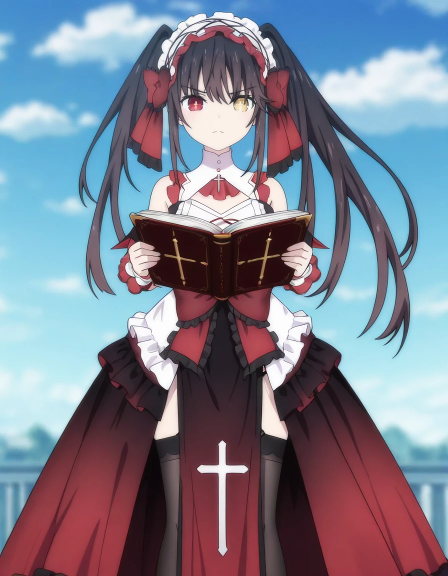 masterpiece, best quality, amazing quality, blurry background,
1girl, looking at book, solo, floating in sky, blue sky, cloud,
<lora:kurumi_tokisaki-date_a_live_s4~s5-ixl-anime-soralz:1>, kurumi tokisaki (date a live), long hair, black hair, reading book, serious expression,
twintails, white headdress, hair bow, heterochromia, red eyes, yellow eyes, symbol-shaped pupils, alt astral outfit, cross, off-shoulder dress, long dress, layered dress, wrist cuffs, red bow, frills, garter straps, pelvic curtain, black thighhighs, black high heels