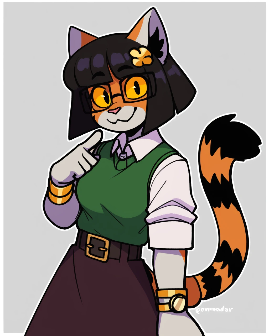 score_9_up, score_8_up, score_7_up, score_6_up, by remanedur, half-length portrait, female, black hair, cat, tail, medium breasts, yellow sclera, hair accessory, tail bracelet, hair ornament, tiger tail, shirt, sweater vest, panty hose, skirt, gold wristwatch, bracelet, belt, furry, bangs, square glasses, short hair, looking at viewer, happy, smile, head tilt, solo, three-quarter view, simple background, white outline, <lora:Leah_Pines(AIM)_XL_v1:0.15> <lora:PDXL_artist_tags_v2_big:0.5> <lora:The-Minuscule-Task_PDXL_v1.0:0.6> <lora:Kaede_murninatair:0.7>