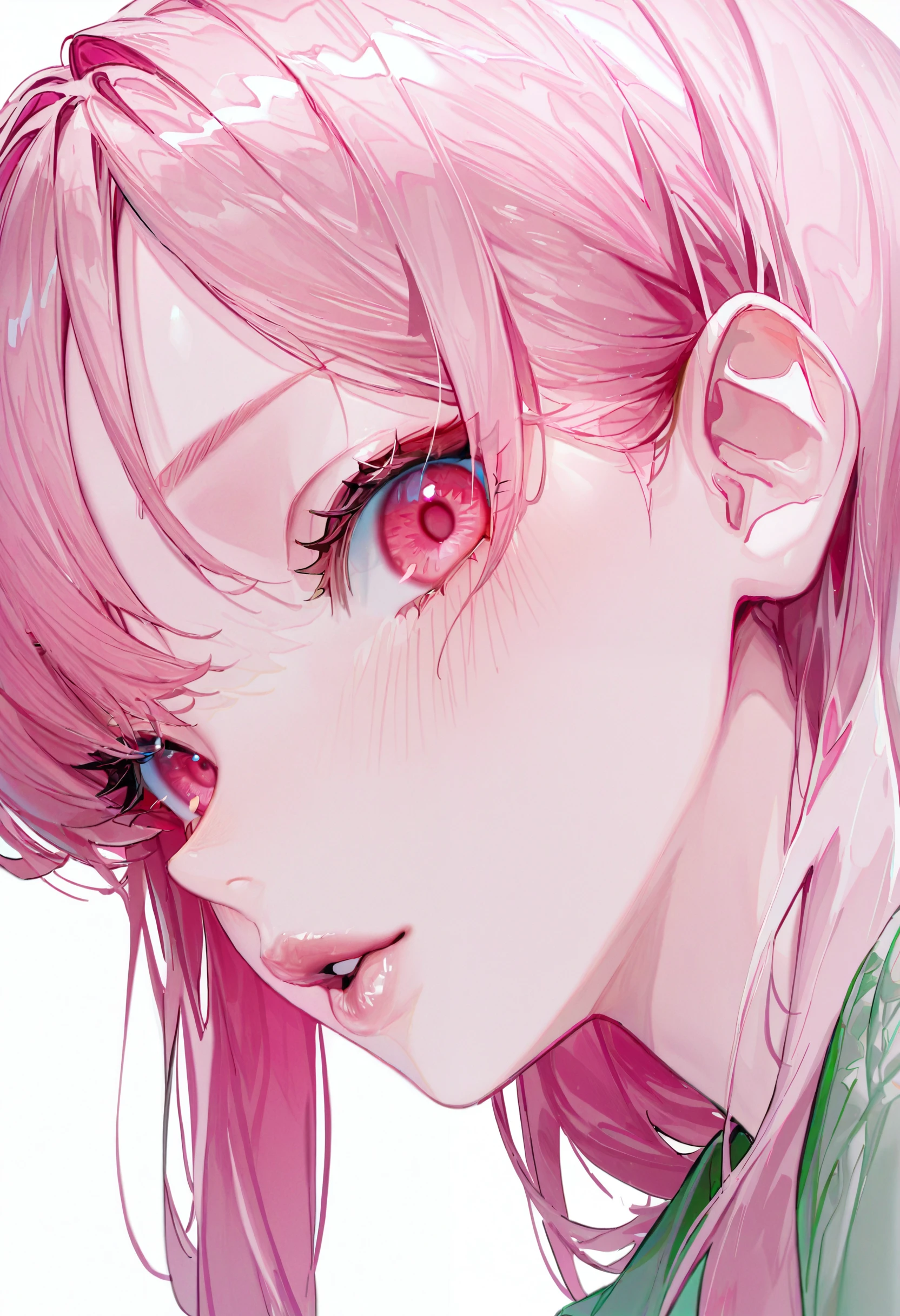 <lora:d2Fua2U=-illustriousXL_v01_V1-CAME-000045>, d2Fua2, 1girl, solo, pink hair, pink lips, close-up, parted lips, pink eyes, portrait, lips, blush, looking at viewer, white background, pink theme, hair behind ear, thick lips, blue eyes, red eyes, green shirt, simple background