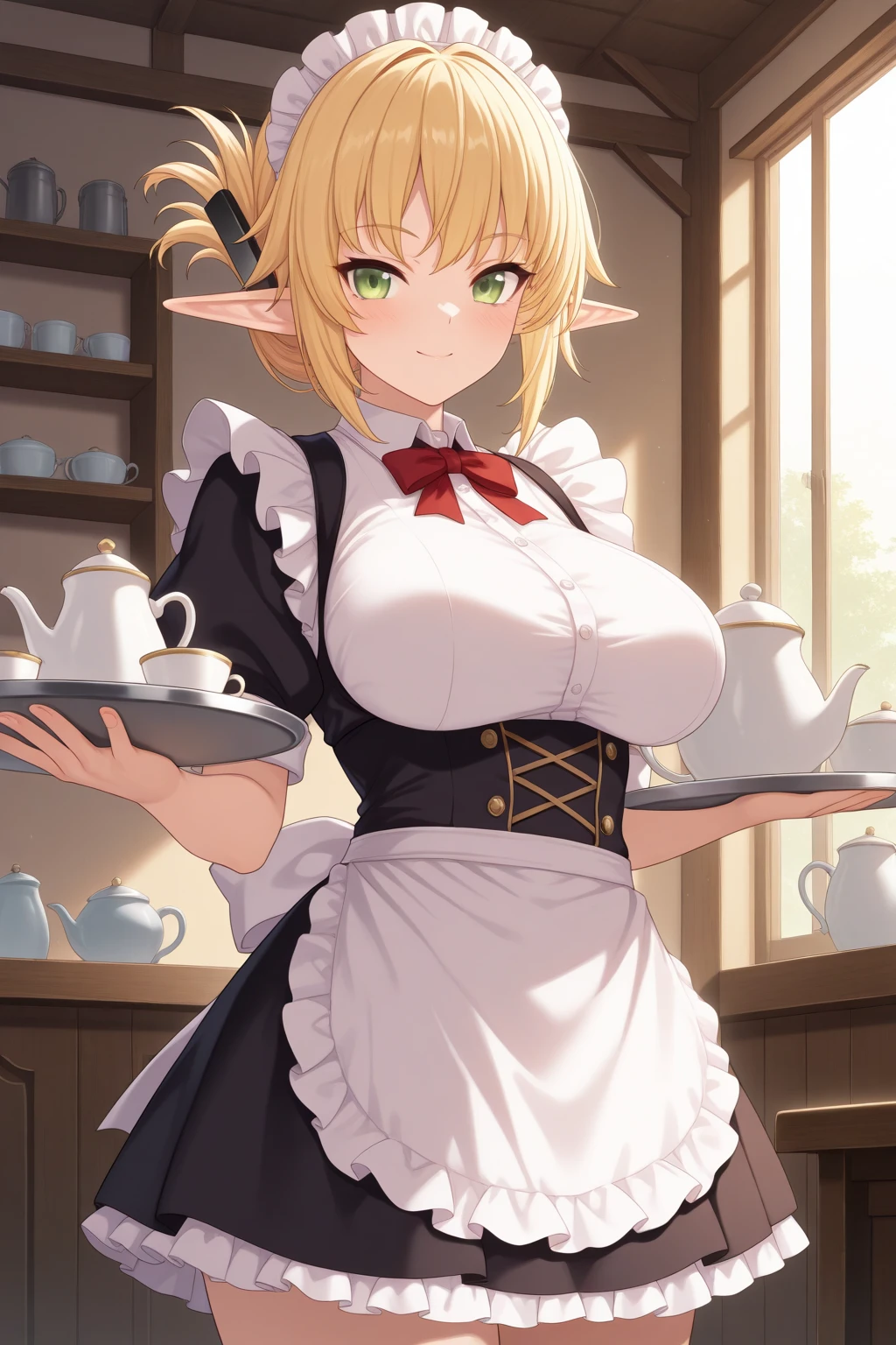 NSFW,Ryu Lion、Blonde、blue eyes、Elf、Eye hair、Pointy Ears、short hair、(Small breasts:1.2),apron、黒pantyhose、dress、緑のdress、Long sleeve、Maid、Maidapron、Maid頭飾り、pantyhose、白apron,(Perfect hands),(Perfect Anatomy),(masterpiece),(highest quality),Embarrassed,blush,market,stall