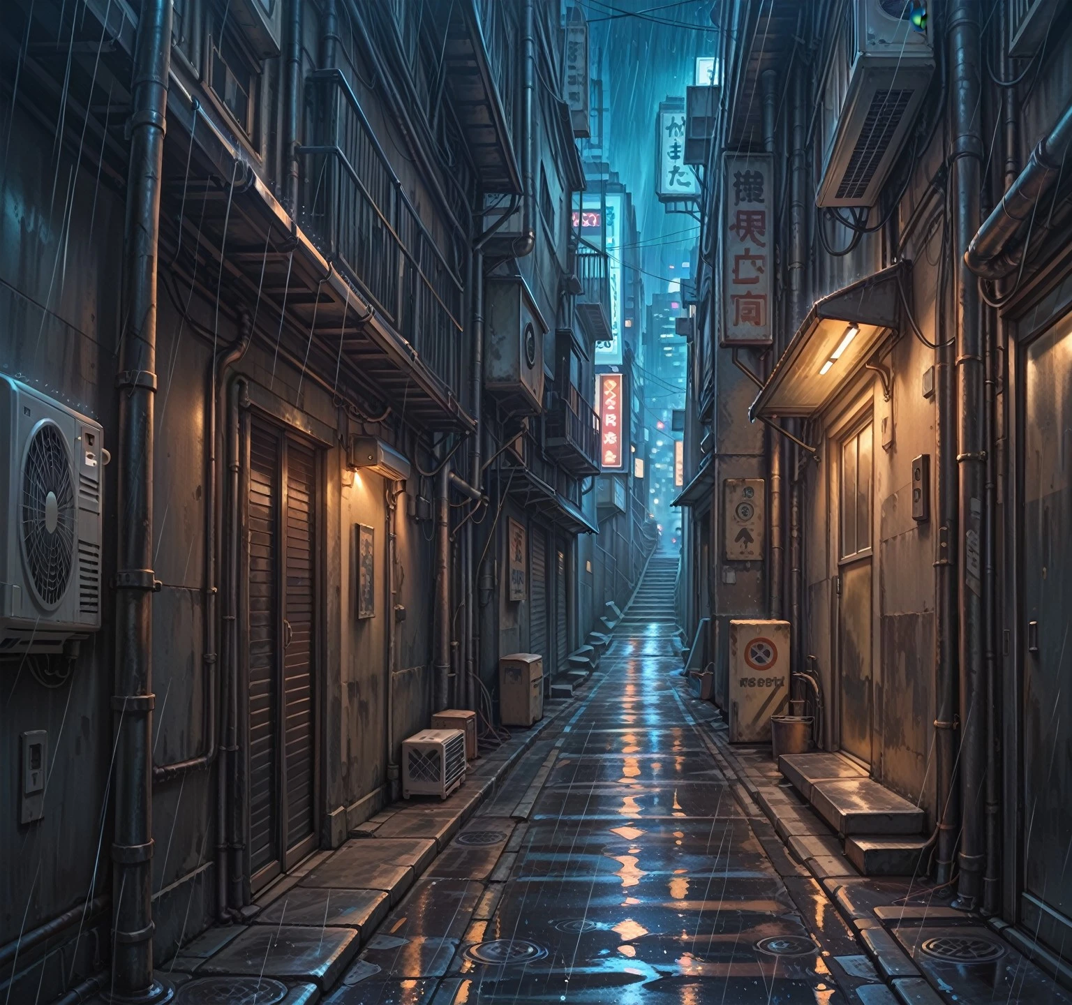 (masterpiece, best quality), alley, stairs, scenery, no humans, outdoors, sign, city, street,
building, cityscape, alley power lines, road, rain, night, air conditioner, <lora:BackAlley_illustrious-10:1>