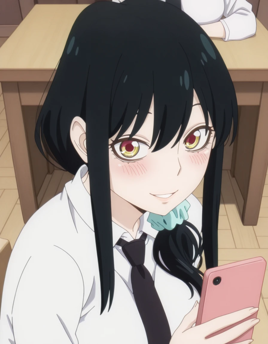 masterpiece, best quality, amazing quality,, <lora:touko-yotsuya-s1-illustriousxl-lora-nochekaiser:1>, touko yotsuya, yotsuya touko, long hair, black hair, hair ornament, yellow eyes, ponytail, scrunchie, hair over shoulder, sidelocks, mature female, medium breasts, anime screencap, <lora:smartphone-juxtaposition-illustriousxl-lora-nochekaiser:1>, smartphone juxtaposition, juxtaposition, 2girls, ?, pov, pov hand, hetero, phone, penis, shirt, necktie, black necktie, oral, white shirt, fellatio, collared shirt, cellphone, holding, smartphone, holding phone, looking at viewer, blush, long sleeves, desk, sitting, elbow rest, completely nude, smile, parted lips, <lora:yuri-briar-anime-illustriousxl-lora-nochekaiser:1>, yuri briar, black hair, hair between eyes, red eyes, 1boy,