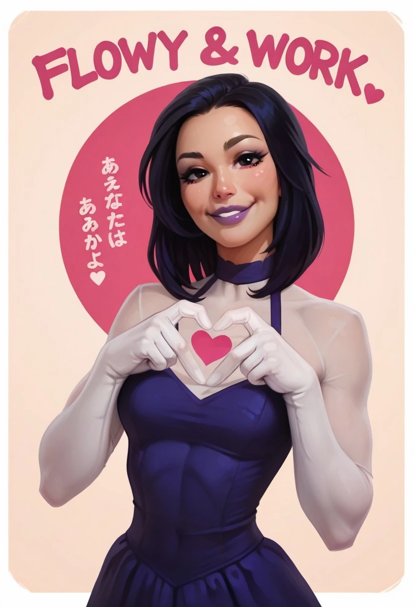 evulchibi, 1girl, solo, medium build, medium hair, sfw, safe for work, covered skin, flowy dress, black eyes, purple lipgloss, smiling, portrait, upper body, doujin cover, heart hands, japanese text,