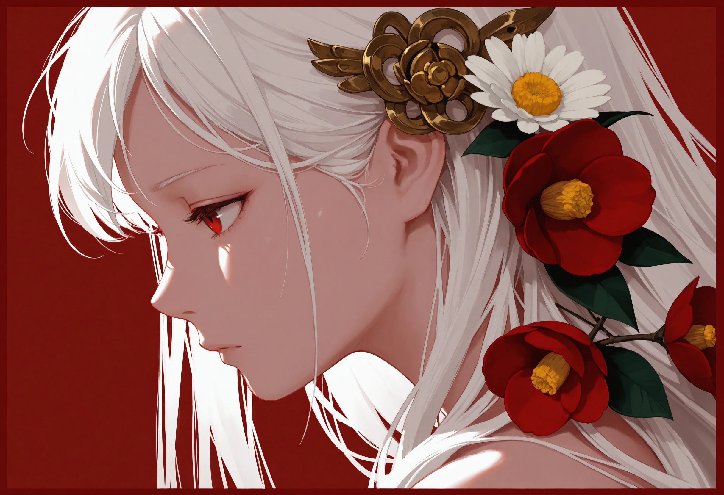 masterpiece, best quality, absurdres, very aesthetic, highres, very awa,
[realistic::0.25],
1girl, bangs, camellia, daisy, flower, from_side, profile, red_background, red_border, red_eyes, red_theme, flowing hair, white_flower, white_hair, purism, hair ornament, simple background,