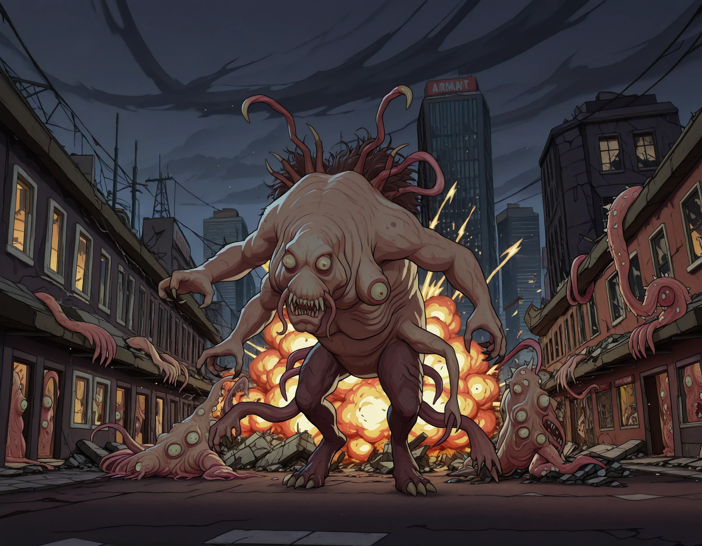 destruction, rubble, city street, explosion, night, overcast, rioting,
<lora:Cronenbergs_-_Rick_and_Morty_IL:1> rnm_cronenberg, monster, mutant, (no humans:1.3), sharp teeth, tentacles, claws, multiple eyes, multiple limbs, torn clothes, messy hair, solo, multiple others, 6+others, many monsters, <lora:AMarvelRivals_style:1> MarvelRivals,, || semi realistic, cartoon,,