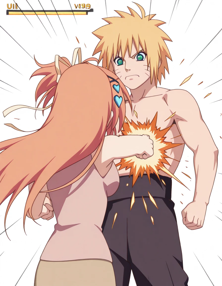 masterpiece, best quality, amazing quality,, <lora:ui-nakatsugawa-s1-illustriousxl-lora-nochekaiser:1>, ui nakatsugawa, long hair, hair ornament, ribbon, green eyes, hair ribbon, ahoge, orange hair, heart hair ornament, mature female, medium breasts, anime screencap, <lora:raiden-punching-armstrong-illustriousxl-lora-nochekaiser:1>, raiden punching armstrong, raiden punching armstrong (meme), 1boy, 1girl, hands up, clenched fist, standing, gameplay mechanics, punching, duel, health bar, rapid punches, hetero, couple, emphasis lines, afterimage,, <lora:naruto-uzumaki-illustriousxl-lora-nochekaiser:0.7> naruto uzumaki, blonde hair, blue eyes, short hair, 1boy,, <lora:transparent-background-illustriousxl-lora-nochekaiser:1>, transparent background, simple background, white background