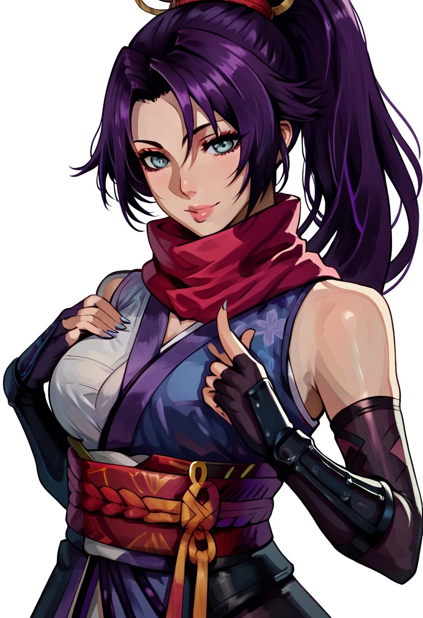 score_9, score_8_up, score_7_up, score_6_up, score_5_up, score_4_up, source_cartoon, <lora:confetti-extract- ponyxl:0.85>, detailed eyes, easynegative, rating_explicit, Expressiveh, 1girl, solo, boin, lips, large breasts, smiling at viewer, big breasts, close up
high ponytail, purple hair, ninja, sleeveless, scarf, asymmetrical clothes, japanese clothes, chest sarashi, obi, o-ring, gauntlets, fingerless gloves, katana, thighhighs,
