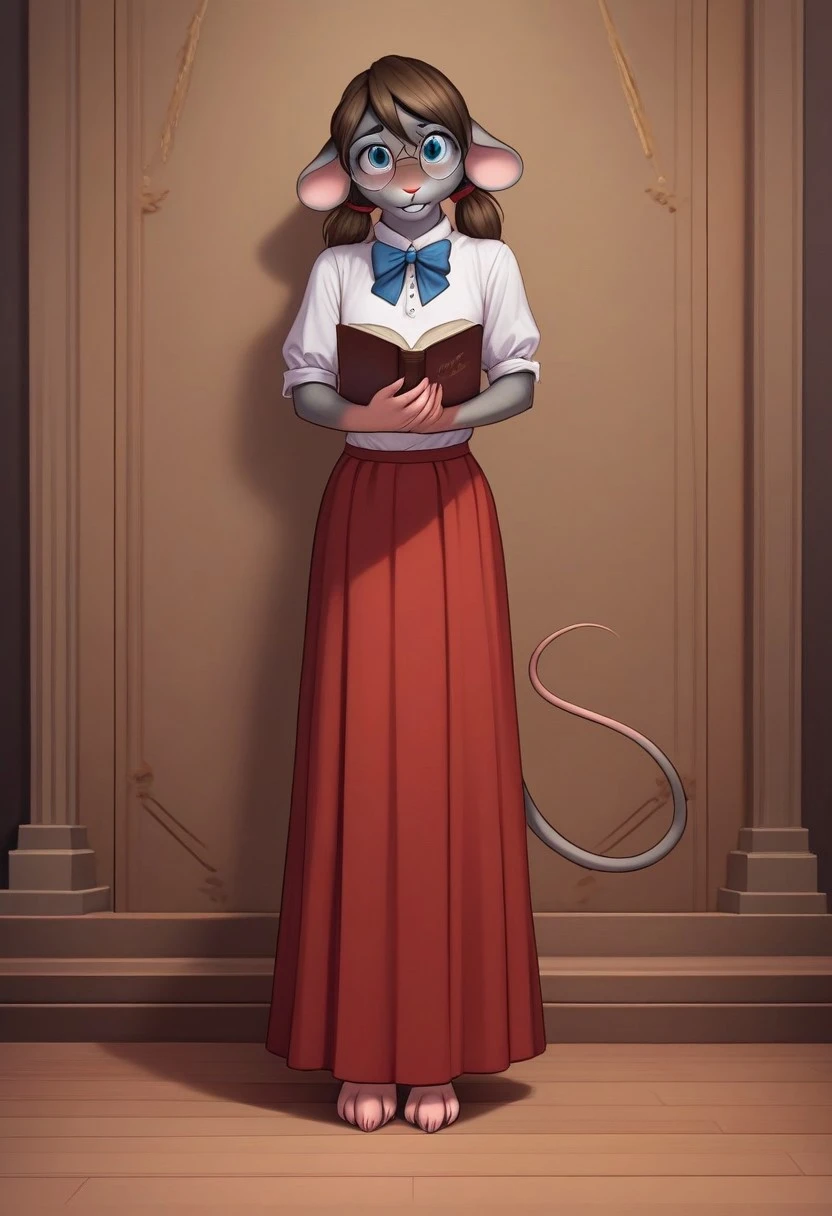 (ultra realistic, 32k, masterpiece:1.2), (high detailed skin:1.1), (high quality:1.1), source_furry, <lora:add-detail-xl:.5>, Anthro, smooth image, score_7_up, score_8_up,score_9,perfect quality, masterpiece,Rachelle, mouse girl,grey fur, mouse ears, buck teeth, Slim body, small breasts,twin pigtails,Anthro,mouse tail,full body, standing, holding a book,wearing a long skirt,round glasses,shy, timid,looking at viewer,timid smile,