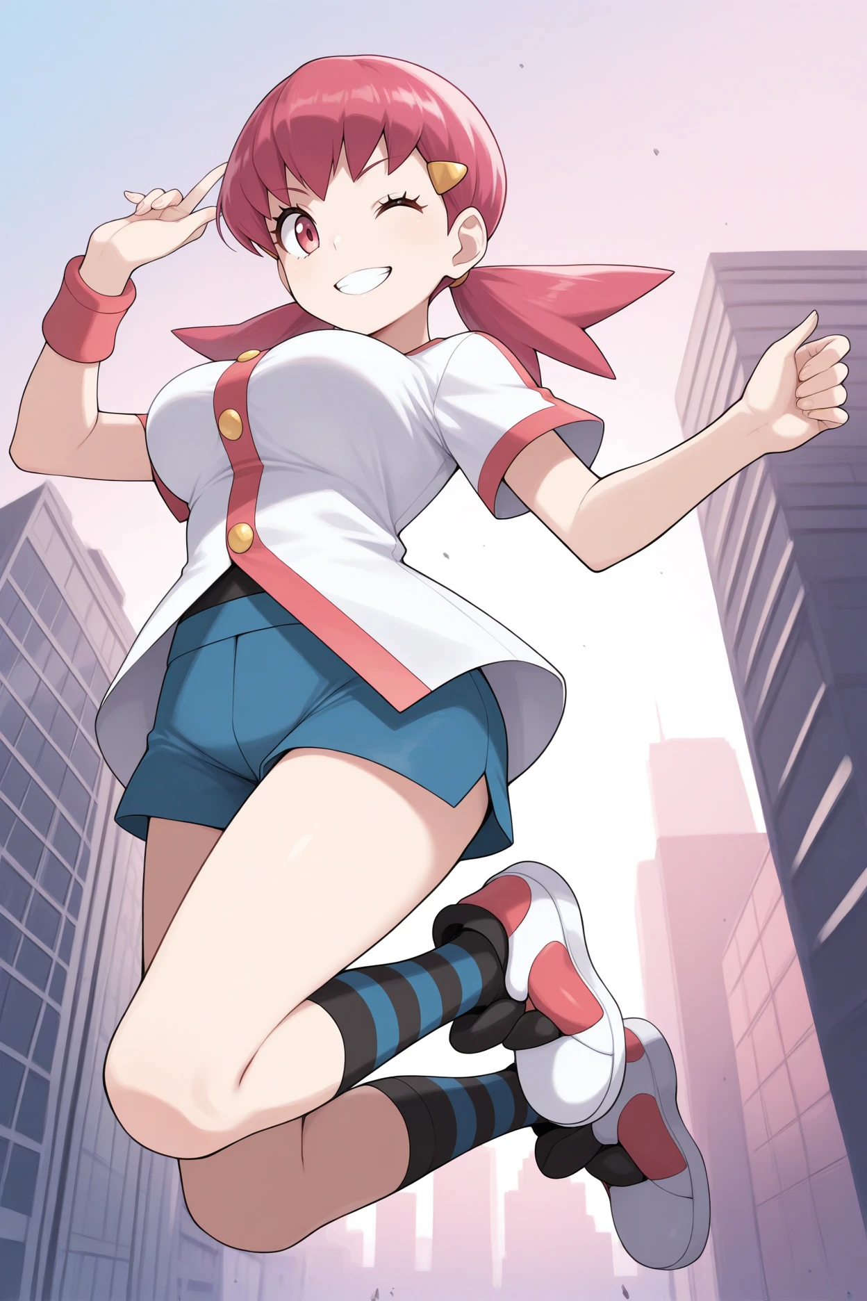 masterpiece, best quality, 1girl, solo, <lora:whitney-illu-nvwls-v1-000006:1> pkwtn, pink hair, low twintails, pink eyes, eyelashes, large breasts, gold hairclip, white shirt, buttons, short sleeves, single wristband, blue shorts, shorts shorts, striped socks, blue socks, black socks, sneakers, grin, jumping, full body, wink, looking at viewer, from below, cityscape
