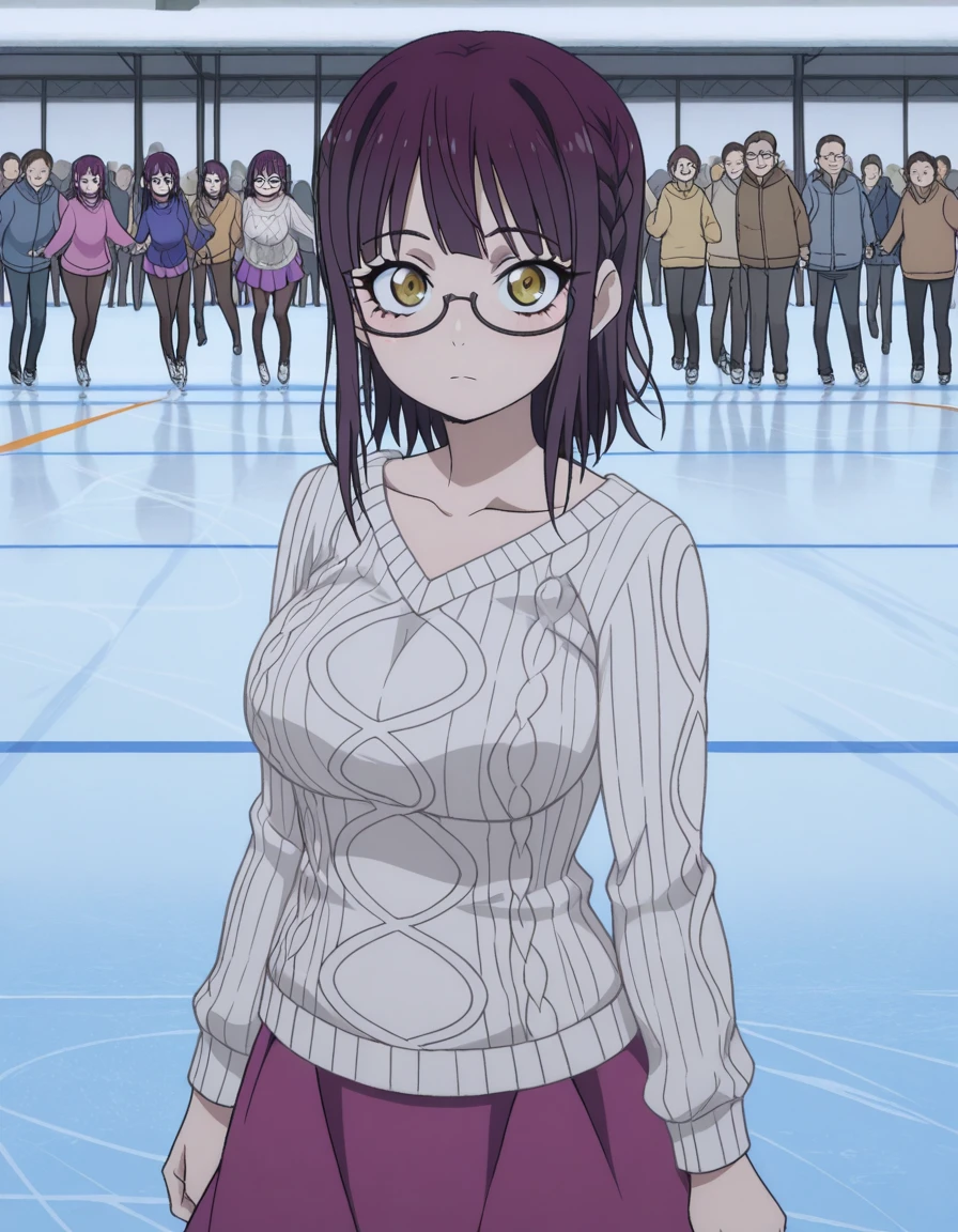 masterpiece, best quality, amazing quality,, <lora:sumika-fujimiya-s1-illustriousxl-lora-nochekaiser:1>, sumika fujimiya, brown eyes, purple hair, braid, glasses, semi-rimless eyewear, under-rim eyewear, mature female, breasts, anime screencap, sweater, long sleeves, collarbone, skirt, purple skirt,, v,, skating rink, ice, people, winter, fun, cowboy shot, solo, looking at viewer,