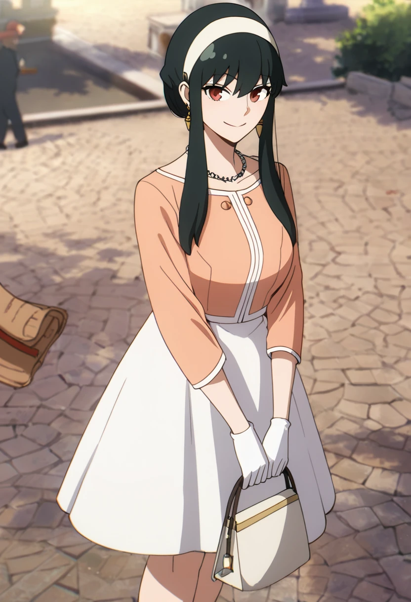 masterpiece, best quality, good quality, very awa, newest, highres, absurdres,outdoors,YorForger-SpyxFamily,Yor Forger \(Spy x Family\), 1girl, looking at viewer, smile, bangs, skirt, black hair, red eyes, gloves, 1boy, dress, holding, jewelry, closed mouth, sidelocks, hairband, earrings, outdoors, solo focus, white gloves, necklace, bag, white skirt, white hairband, handbag, holding bag, twilight, simple outfit
,<lora:Yor Forger (Spy x Family) Illustrious v2:0.8>