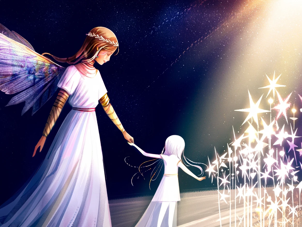 Seb Mckinnon illustration style. Angel holding the hand of a small pale spirit girl. They are both walking towards a bright light. They both are smiling. Feeling of happiness and relief.