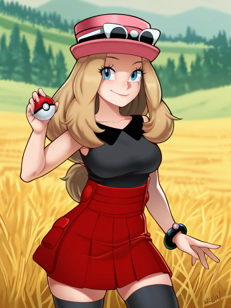 masterpiece, best quality, amazing quality,
zzSerena, long hair, blue eyes, eyewear on headwear, pink headwear, eyelashes, sleeveless shirt, black shirt, bracelet, high-waist skirt, red skirt, black thighhighs,
, 1girl, looking at viewer, cowboy shot, smile, field, hand up, holding poke ball
, solo
<lora:SketchLanzaIl:1> sketlanil <lora:SerenaPokemonIXL:0.9>