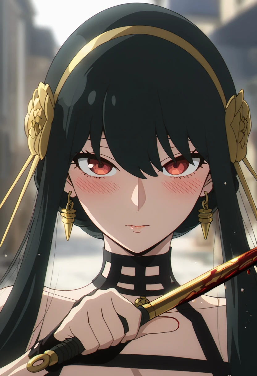 masterpiece, best quality, good quality, very awa, newest, highres, absurdres,outdoors,YorForger-SpyxFamily,Yor Forger \(Spy x Family\), 1girl, solo, looking at viewer, blush, bangs, black hair, hair ornament, red eyes, holding, jewelry, closed mouth, weapon, flower, sidelocks, hairband, earrings, hair flower, holding weapon, blurry, blood, blurry background, knife, portrait, close-up, blood on weapon, gold earrings, black outfit, golden stilettos, holding golden stilettos
,<lora:Yor Forger (Spy x Family) Illustrious v2:0.8>