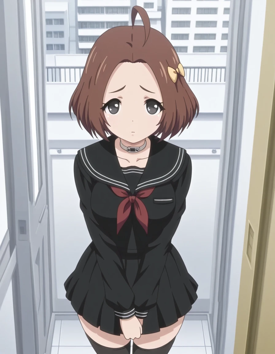 masterpiece, best quality, amazing quality,, <lora:rika-makiba-ova-illustriousxl-lora-nochekaiser:1>, rika makiba, short hair, brown hair, bow, black eyes, ahoge, hair bow, mature female, medium breasts, anime screencap, skirt, thighhighs, long sleeves, serafuku, choker, black thighhighs, black skirt, collar, zettai ryouiki, black serafuku,, from above,, apartment, building, rooms, residents, balconies, cowboy shot, solo, looking at viewer,
