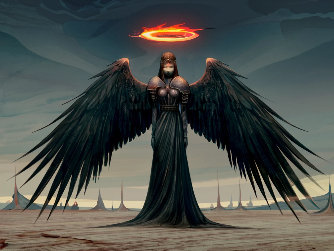 Seb Mckinnon illustration style. An angel stands over a desolate landscape. A burning halo above her head.