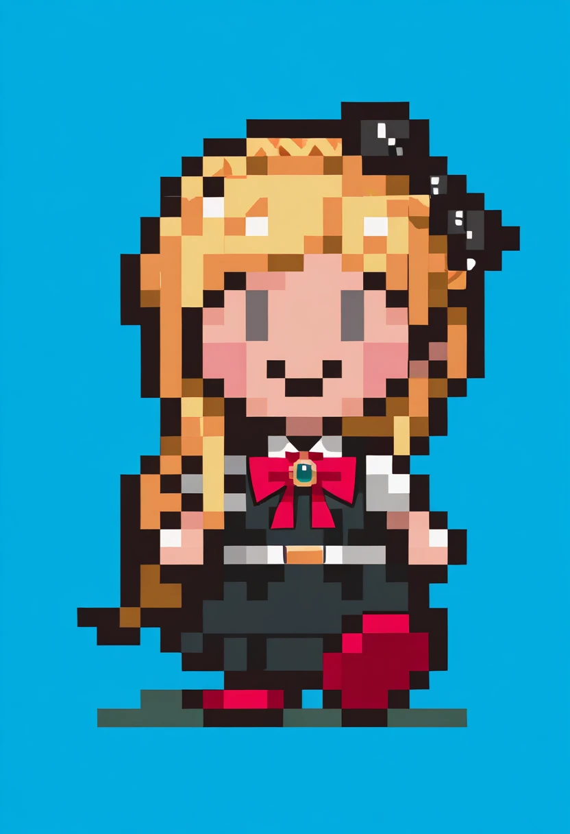 masterpiece, best quality, 1girl, smile, <lora:EarthboundSprites-illu:1> solo, chibi, pixel art, full body, walking, looking at viewer, solid oval eyes, blue background, <lora:SoniaDR-illu:1> s0nia, blonde hair, crown braid, long hair, hair bow, black bow, grey eyes, pinafore dress, black dress, red bowtie, brooch, white shirt, collared shirt, short sleeves, white belt, shoes, red footwear