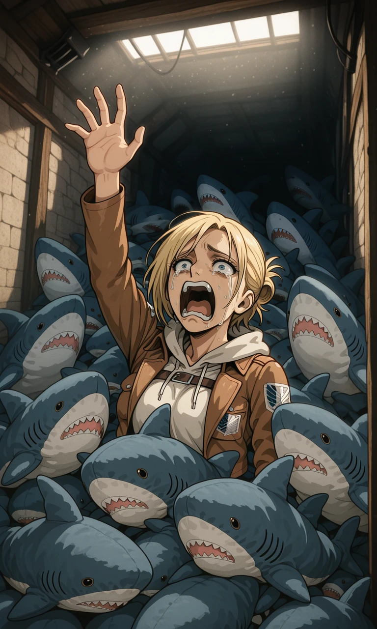 embedding:IllusP0s, scared, reaching, stuffed shark, 1girl, screaming, crying, dramatic, contrast lighting, Annie Leonhart_\(shingeki no kyojin\)<lora:blahaj swarm_Illustrious.safetensors:1.0:1.0>