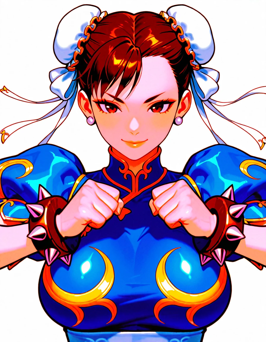 (masterpiece), (best quality), (ultra-detailed), Chun_Li_XL, 1girl, solo, breasts, smile, simple background, large breasts, white background, dress, closed mouth, jewelry, upper body, short sleeves, earrings, puffy sleeves, bracelet, puffy short sleeves, lips, blue dress, chinese clothes, china dress, spikes, fighting stance, bun cover, spiked bracelet, illustration, disheveled hair, detailed eyes, perfect composition, moist skin, intricate details, earrings, perfect face, ((perfect eyes)), detailed background, 4 k, anime art, anime style,masterpiece, best quality, highres, absurdres, newest ,masterpiece, best quality, highres, absurdres, newest,masterpiece, best quality, highres, absurdres, newest, ((detailed face and eyes)), Chun_Li_XL, 1girl, solo, breasts, smile, simple background, large breasts, white background, dress, closed mouth, jewelry, upper body, short sleeves, earrings, puffy sleeves, bracelet, puffy short sleeves, lips, blue dress, chinese clothes, china dress, spikes, fighting stance, bun cover, spiked bracelet, exposed, full, sunny, shining, bright, clear, detailed, advanced, fabulous, symmetry, epic, pleasing, inspired, intricate, highly enhanced, beautiful, iconic, fine, dramatic, sharp focus, detail, ambient light, amazing, flowing, deep vibrant colors, meticulous, complex, elegant, professional, artistic, surreal, extremely inspirational, stunning, loving